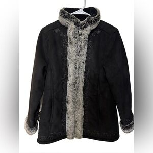 Vintage L.L.Bean Black Teddy Jacket with Gray Faux Fur Trim & Floral Embroidery